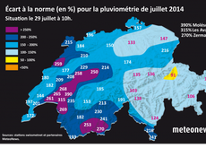 Les écarts de précipitations en juillet par rapport à la moyenne. [www.meteonews.ch]