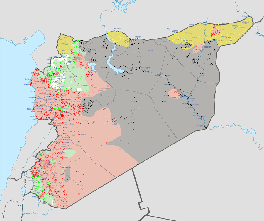 La carte de la situation en Syrie aprÃ¨s la chute de Palmyre. En noir: territoire sous contrÃ´le du groupe Etat islamique, en rouge contrÃ´le du rÃ©gime, en vert les rebelles, en jaune les Kurdes.