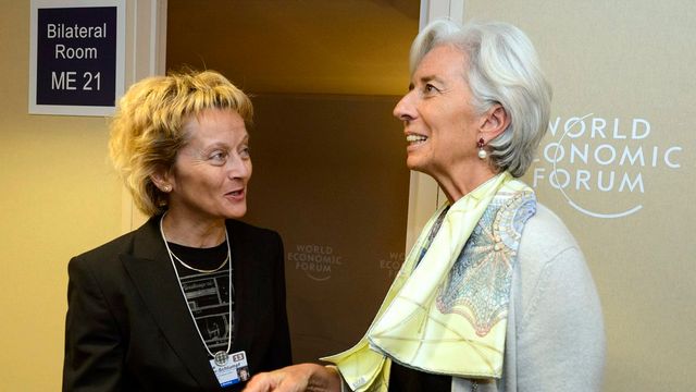 La ministre des Finances suisse a notamment rencontré la directrice générale du Fonds monétaire international (FMI), Christine Lagarde, lors de son passage au WEF. [Laurent Gillieron - Keystone]