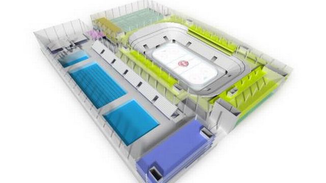 Le projet prévoit une piscine olympique aux côtés de la patinoire. [ferrari-architecte.ch]