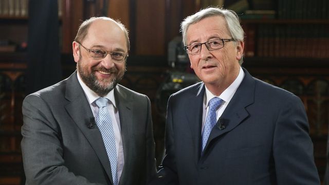 L'Allemand Martin Schulz (centre-gauche) et le Luxembourgeois Jean-Claude Juncker (centre-droite). [Keystone]