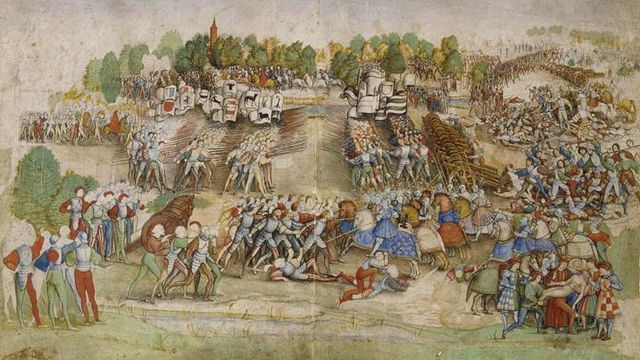 La bataille de Marignan, miniature sur parchemin du Maître à la Ratière.  [René-Gabriel Ojéda - CC-BY-SA]