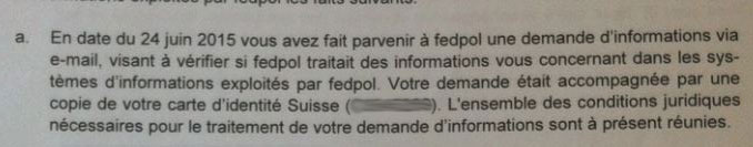 Capture d'écran de la réponse de FEDPOL dans le cadre de l'enquête ouverte "Donnez-moi mes données".