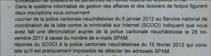 Capture d'écran de la réponse de FEDPOL dans le cadre de l'enquête ouverte "Donnez-moi mes données".