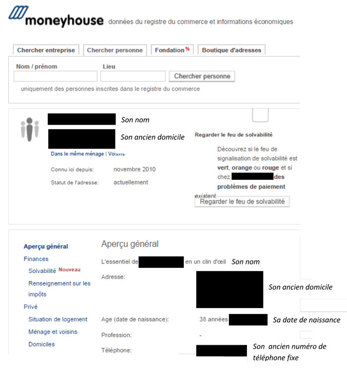 Les informations personnelles trouvées sur le site de Moneyhouse (1).