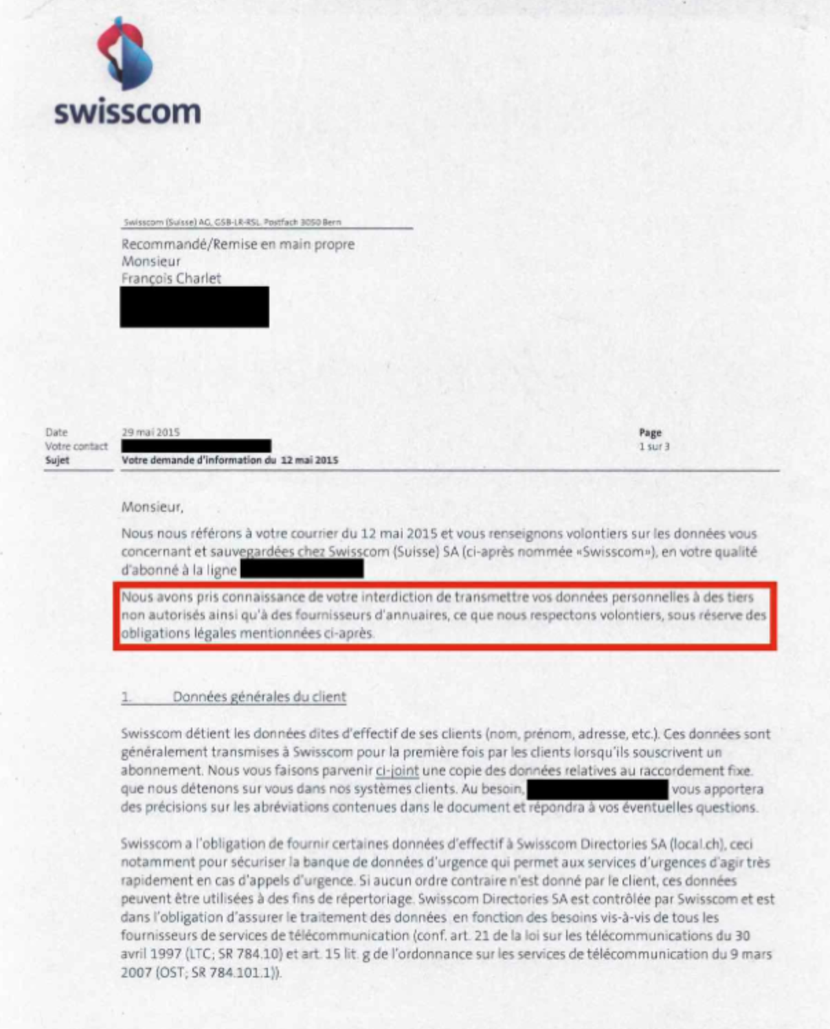 Le courrier de Swisscom envoyé à François Charlet.