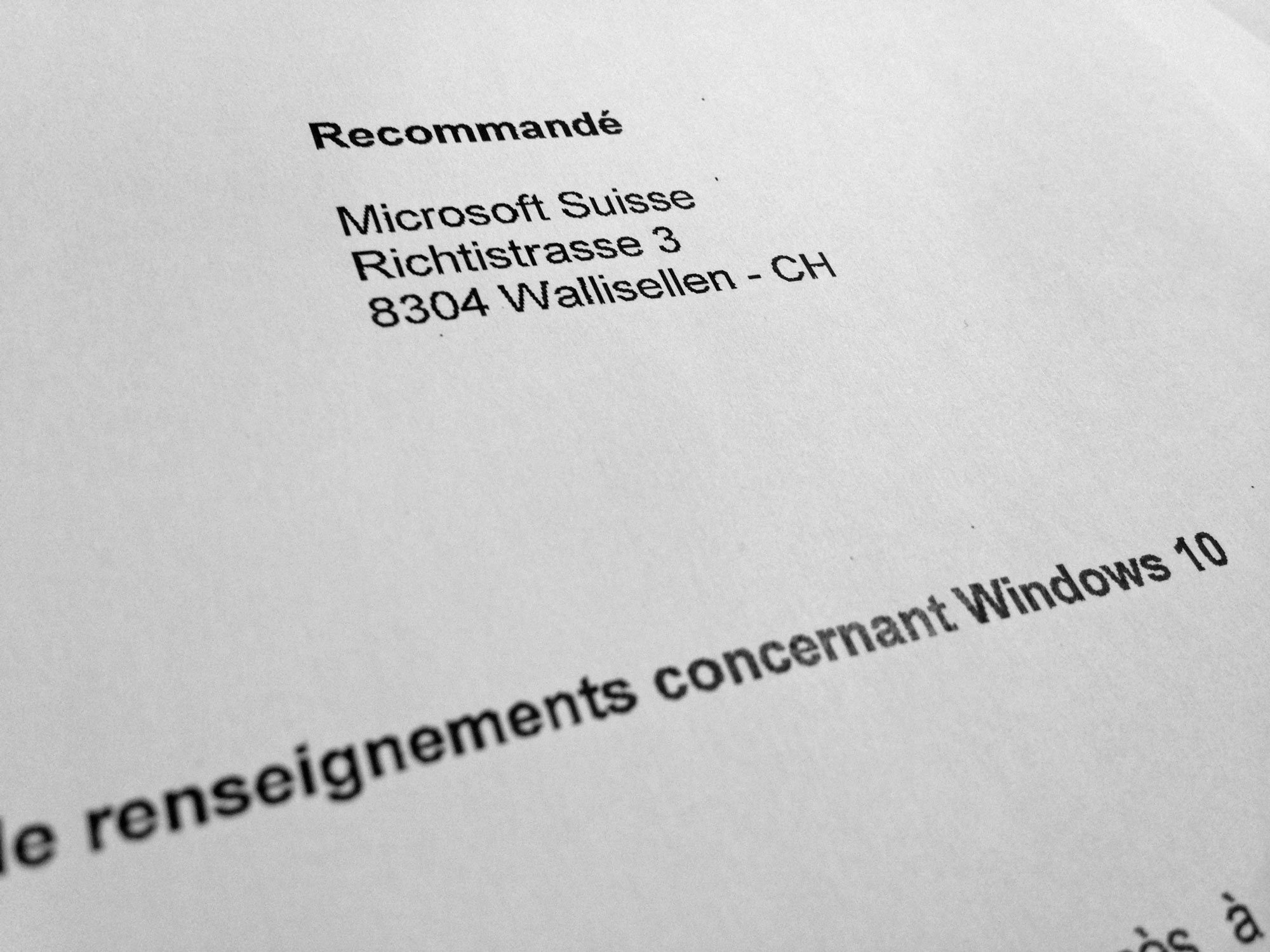 Le recommandé envoyé à Microsoft Suisse.