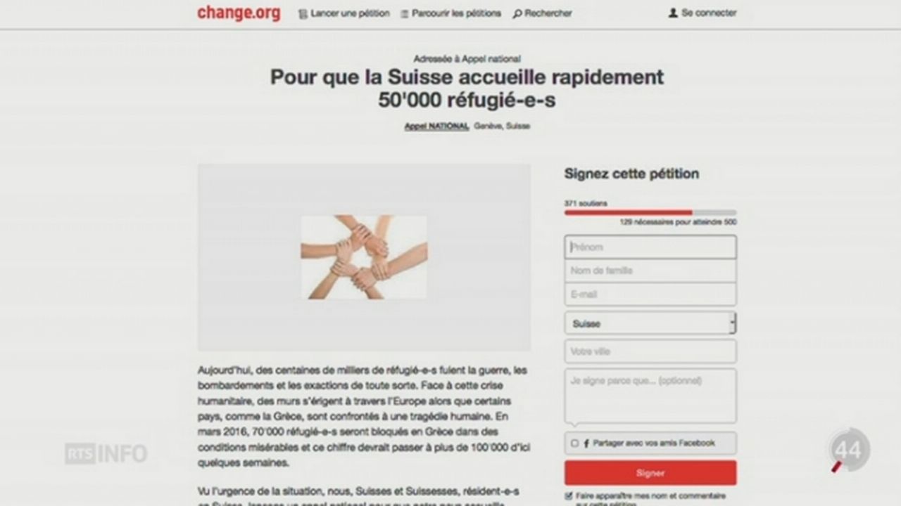 Crise des migrants: politiciens et personnalités appellent la Suisse à accueillir 50'000 réfugiés [RTS]