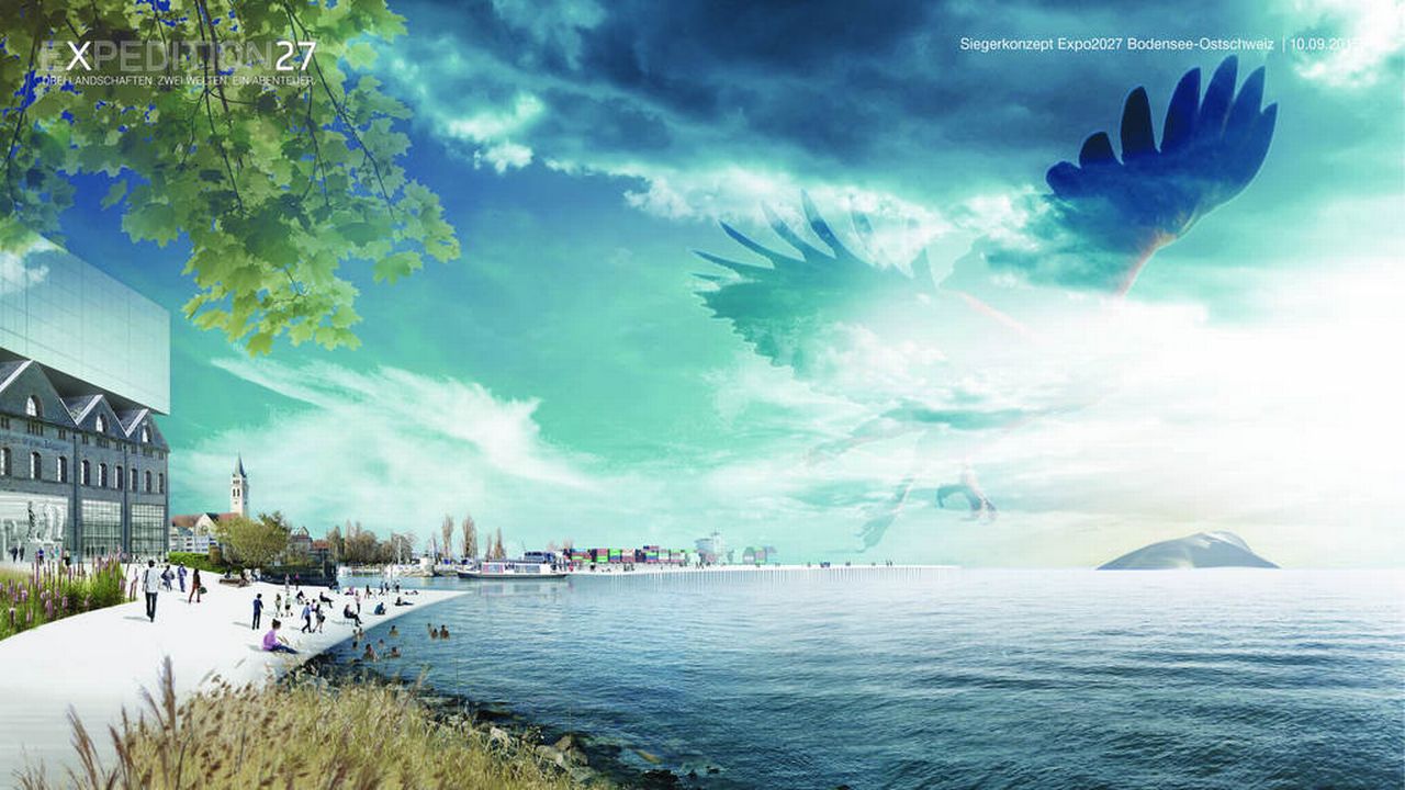 Une image virtuelle du premier concept de l'Exposition nationale de 2027 en Suisse orientale. [Hosoya Schaefer Architects/Plinio Bachmann/Studio Vulkan - Keystone]