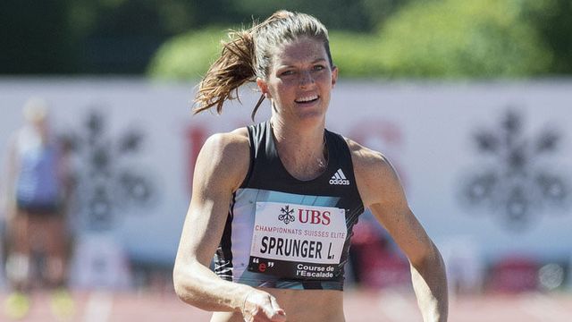 Lea Sprunger lors des Championnats Suisses d'Athlétisme élite, Genève le 17 juillet 2016. [Martial Trezzini - Keystone]