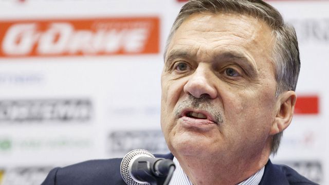 René Fasel, président de l'IIHF, lors d'une conférence de presse, le 6 mai 2016 à Moscou. [Salvatore Di Nolfi - Keystone]