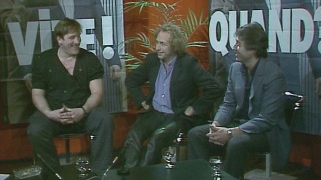 Gérard Depardieu, Philippe Richard et Francis Veber sur le plateau de Spécial cinéma en 1986. [RTS]