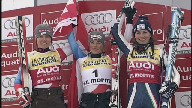 Lara Gut sur le podium du super-g à St-Moritz en 2008. [RTS]