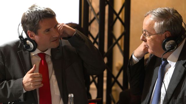Christian Levrat et Jean-François Rime à la RTS en 2015. [Laurent Bleuze - RTS]