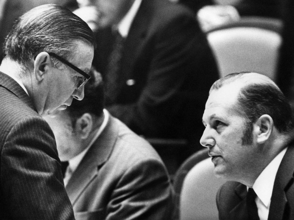 James Schwarzenbach(Parti républicain) et Valentin Oehen (AN) en 1974. [Keystone]