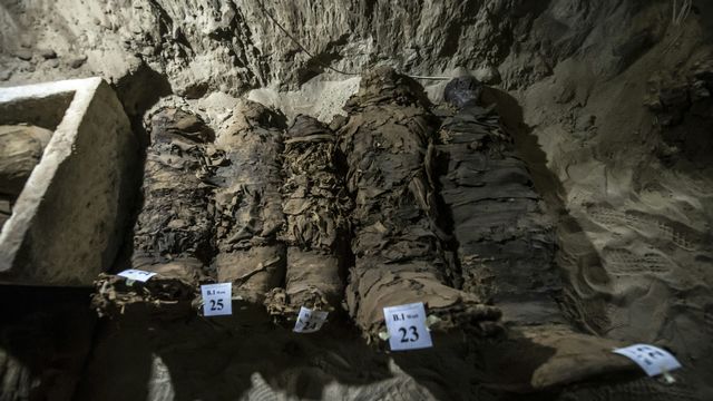 Dix-sept momies non-royales ont été découvertes dans la région désertique de Touna-el-Gabal, en Egypte. [Khaled Desouki - afp]