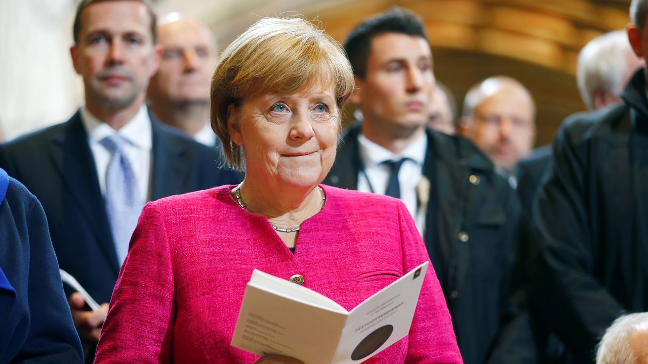 La chancelière allemande Angela Merkel lors de l'office mardi à Wittenberg. [Hannibal Hanschke - Reuters]