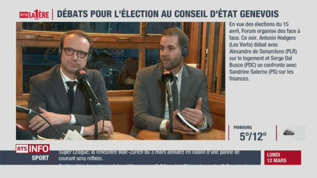 Elections cantonales genevoises : Le débat entre Antonio Hodgers (Les Verts) et Alexandre de Senarclens (PLR) [RTS]