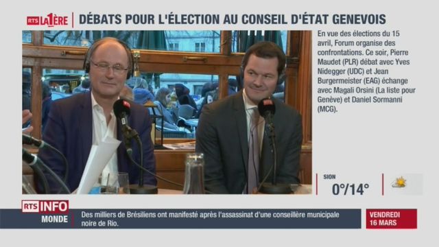 Elections cantonales genevoises : Le débat entre Pierre Maudet (PLR) et Yves Nidegger (UDC) [RTS]