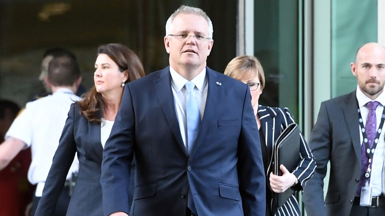 Le nouveau Premier ministre australien Scott Morrison arrivant au Parlement à Canberra, le 24 août 2018. [EPA/SAM MOOY - KEYSTONE]