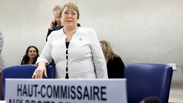 Michelle Bachelet au Conseil des droits de l'homme de l'ONU à Genève, 10.09.2018. [Salvatore Di Nolfi - Keystone]