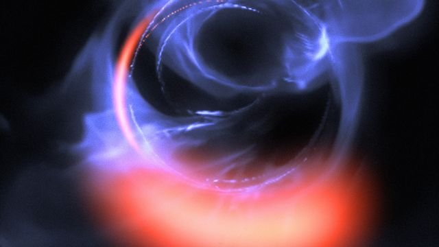 Visualisation de gaz tourbillonnant à environ 30% de la vitesse de la lumière sur une orbite circulaire encerclant le trou noir. [L. Calçada - ESO/Gravity Consortium]