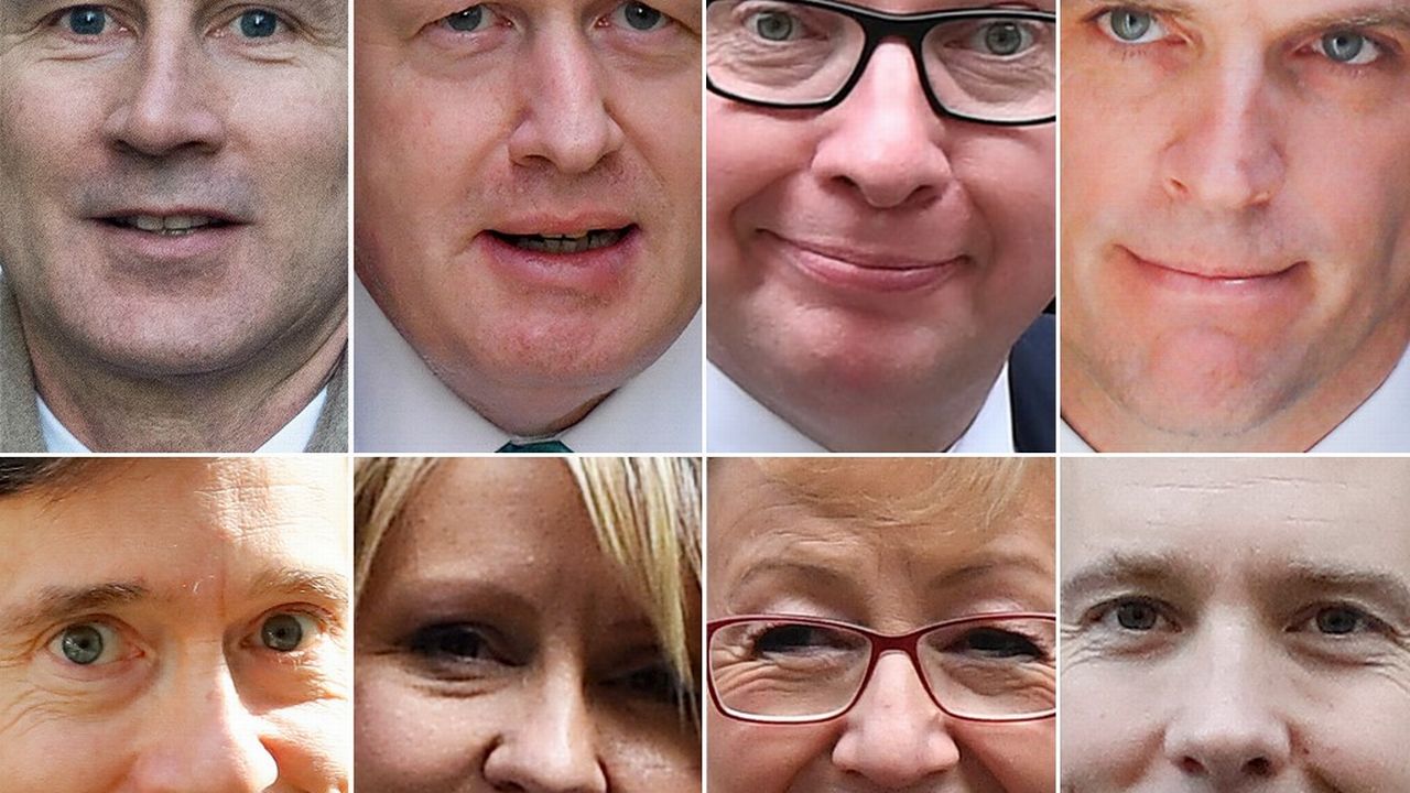 Les huit candidats au poste de Premier ministre britannique: Jeremy Hunt, Boris Johnson, Michael Gove, Dominic Raab, Rory Stewart, Esther McVey, Andrea Leadsom, Matt Hancock (g. à d, h. en b.). [AFP]