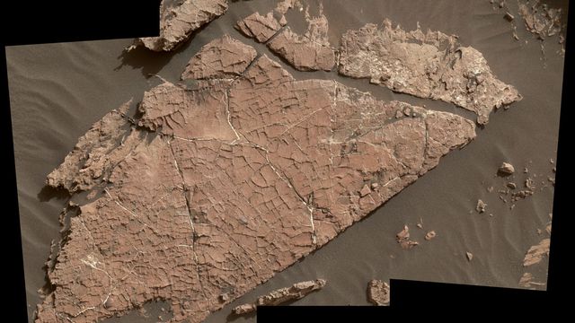 Ces craquelures, dans un rocher martien nommé "Old Soaker", peuvent avoir été formées par une couche de boue séchée il y a plus de trois milliards d'années. [Curiosity - JPL/NASA]