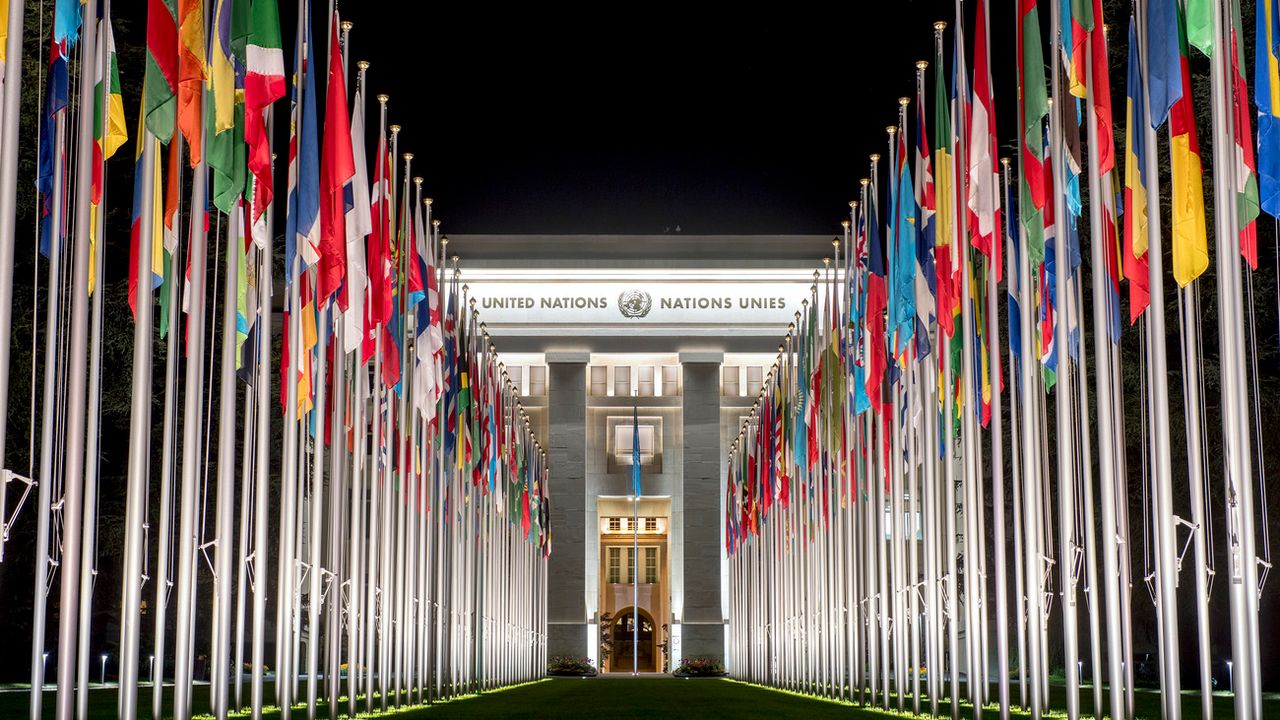 L'entrée du Palais des Nations unies. [Martial Trezzini - Keystone]