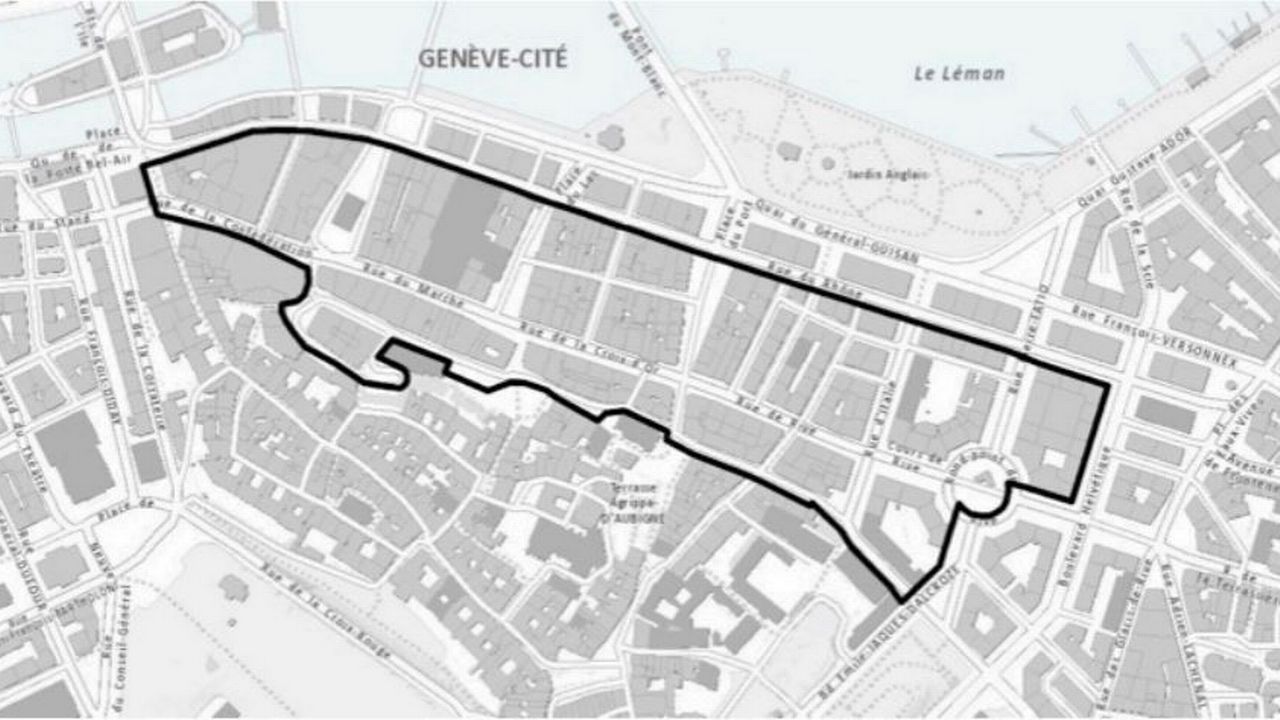 Le projet de zone piétonne, qui s'étendrait de l'angle sud-est de la place Bel-Air au rond-point de Rive. [https://www.ps-geneve.ch/wp/wp-content/uploads/2020/02/IN-pietonnisation.pdf]