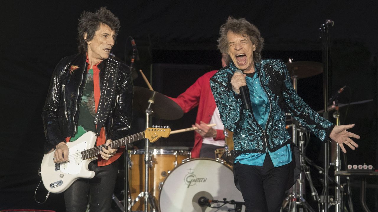 Mick Jagger et Ronnie Wood durant le tournée "No Filter" au Canada le 29 juin 2019. [Fred Thornhill - Keystone]
