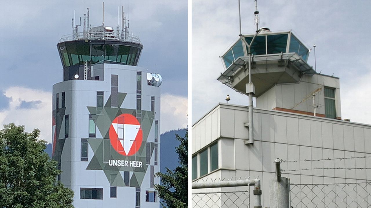 Les bases aériennes de Zeltweg, en Autriche (gauche), et de Payerne, en Suisse. [Mathieu Henderson/Dominic Favre - RTS/Keystone]