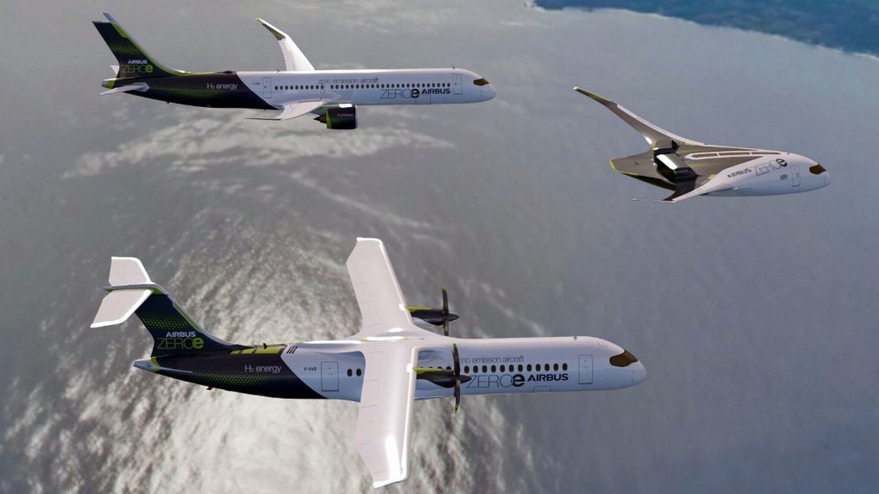 Une image de synthèse montre les trois prototypes d'avion à hydrogène d'Airbus. [Airbus/AFP]