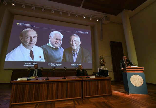Thomas Perlmann (à droite), le Secrétaire général du Comité Nobel annonce les lauréats du Prix 2020 en médecine ou physiologie: de gauche à droite sur l'écran, l'Américain Harvey Alter, le Britannique Michael Houghton et l'Américain Charles Rice. [Jonathan Nackstrand - AFP]
