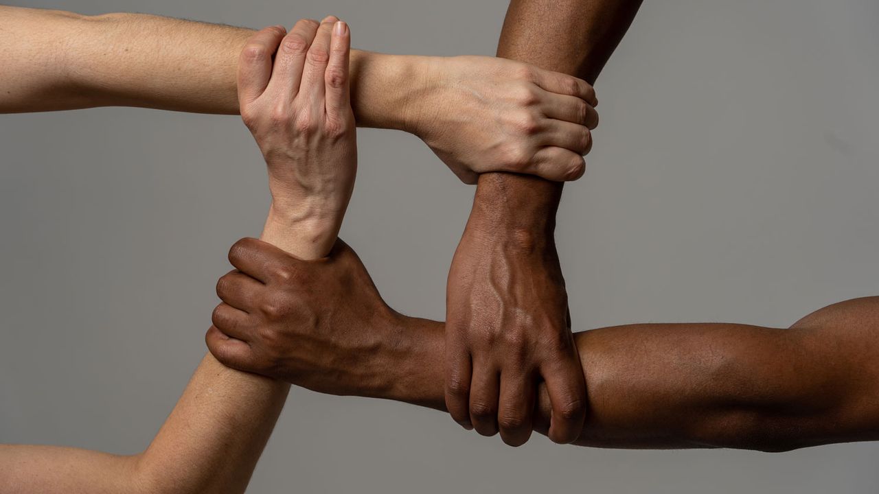 Quatre personnes de couleur de peau différente se tiennent la main. [samwordley@gmail.com - Depositphotos]