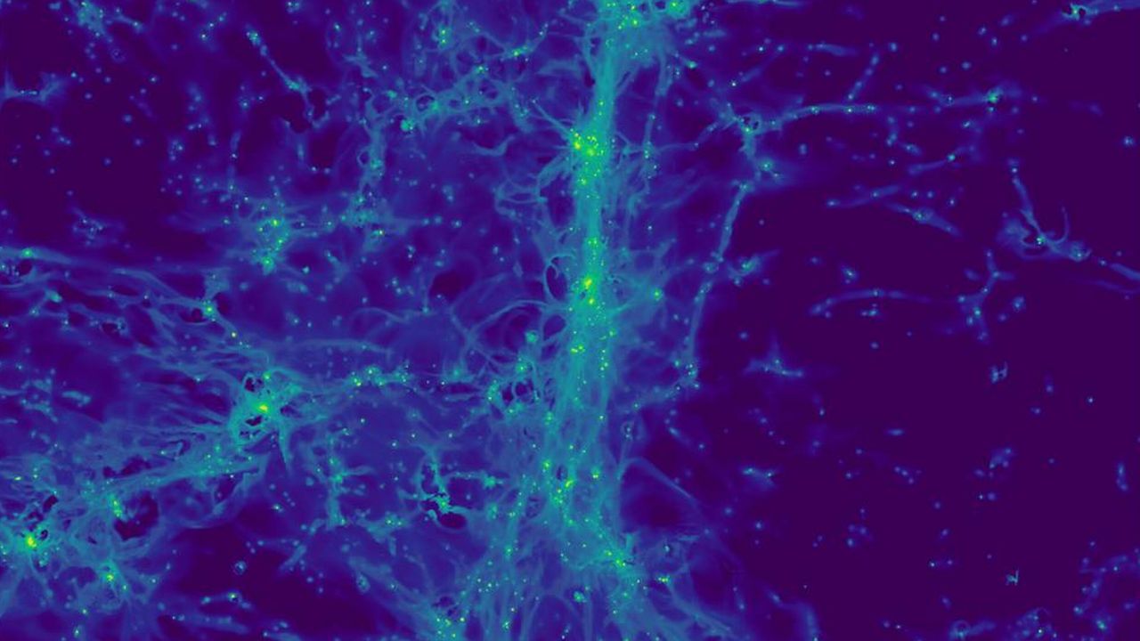 Simulation cosmologique de l'Univers lointain: cette image illustre la lumière émise par les atomes d'hydrogène de la toile cosmique dans une région d'environ 15 millions d'années lumière de large. [Jeremy Blaizot - UNIGE]