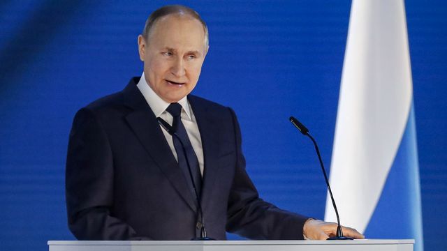 Vladimir Poutine lors de son discours à la Nation, 21.04.2021. [Maxim Shipenkov - EPA/Keystone]