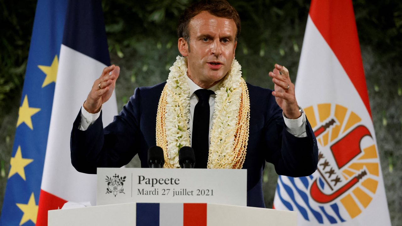 Emmanuel Macron lors de son discours à Papeete, capital de la Polynésie française, le mardi 27 juillet 2021. [Ludovic Marin -  AFP]