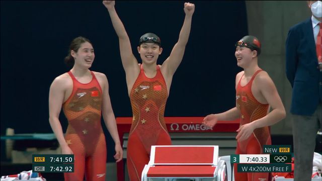 Natation, finale relais 4x200m libre dames: les Chinoises créent la surprise avec le titre le record du monde [RTS]