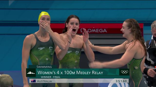 Natation, relais 4x100m 4 nages dames: l’Australie remporte l’or ! [RTS]
