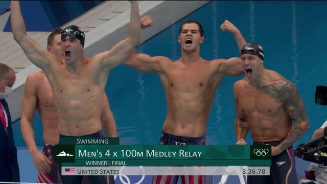 Natation, relais 4x100m 4 nages messieurs: record du monde et médaille d'or pour les Etats-Unis! [RTS]