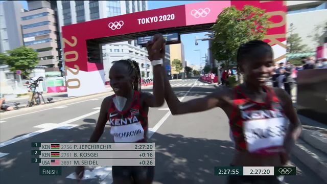 Athlétisme, marathon dames: Jepchirchir (KEN) remporte l'or devant Kosgei (KEN) et Seidel (USA) [RTS]
