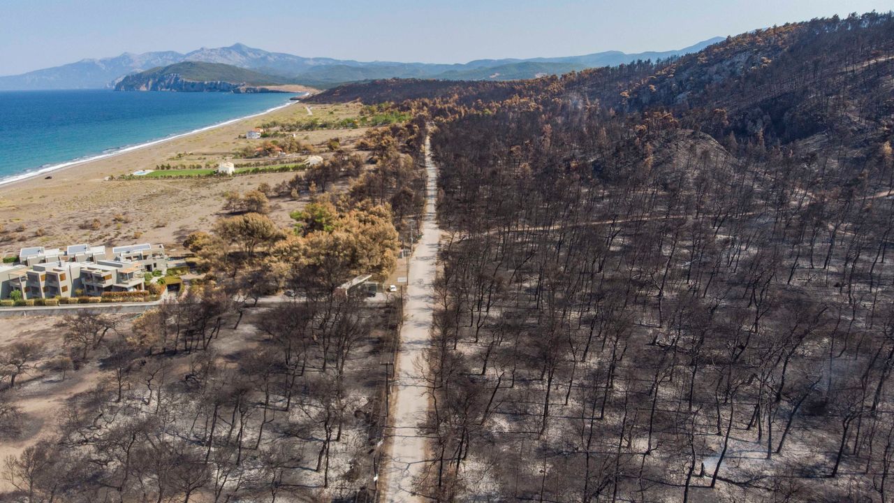 Image du ravage au nord de l'île grecque d'Eubée prise par un drone le 13 août 2021. [Nicolas Economou - Keystone]