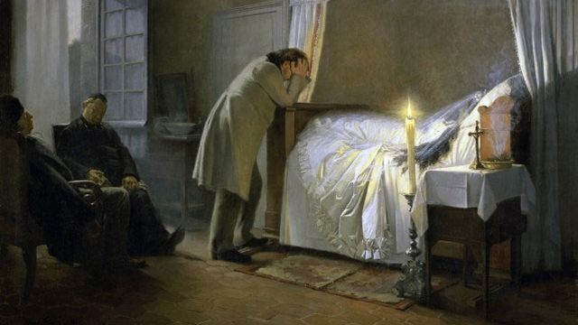"La mort de Madame Bovary", peinture de Albert Fourié, 1883. Paru en 1857, le roman de Flaubert décrit la condition de son héroïne, Emma Bovary, qui cherche à fuir l'ennui et la médiocrité de la vie provinciale. Dès sa parution, le roman est attaqué pour son "immoralité" et son  "obscénité". [Lisa Lc - Wikimédia]