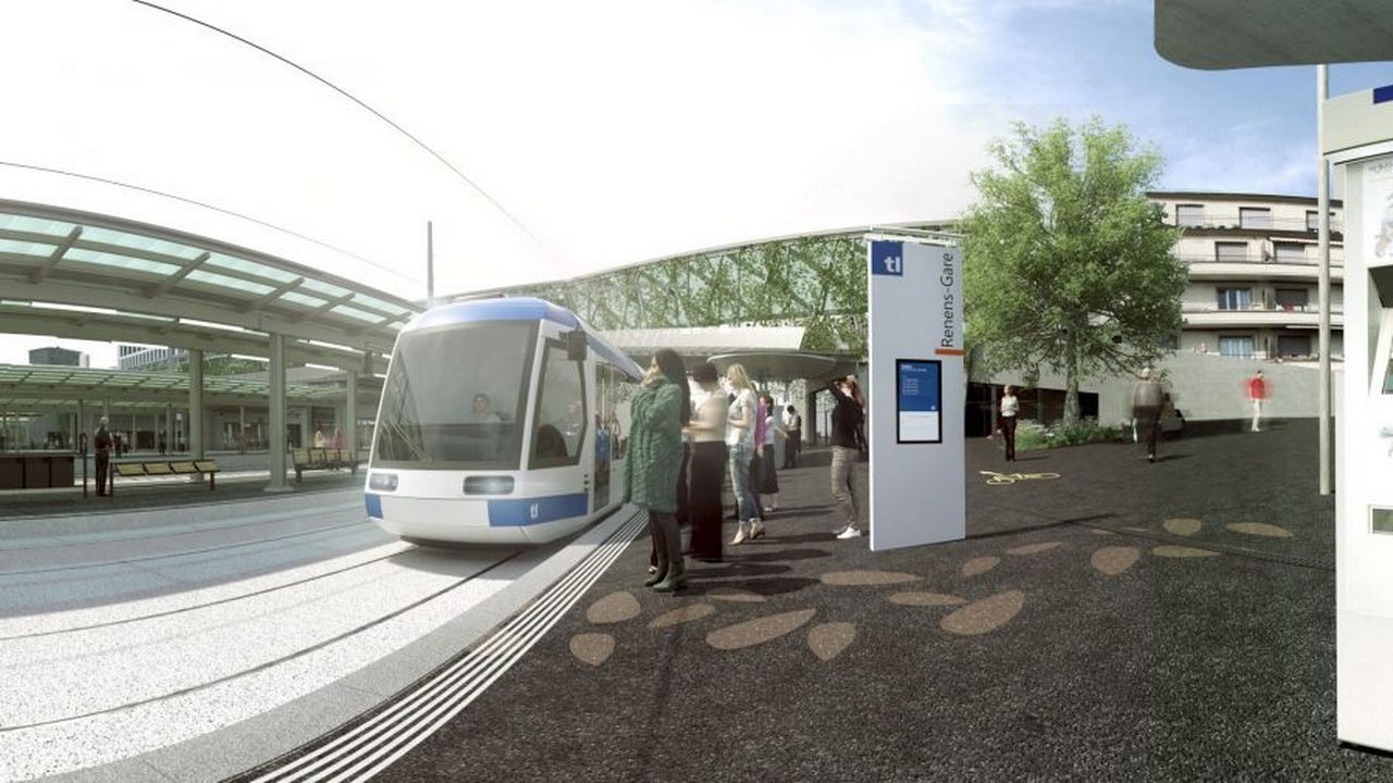 Image de synthèse du futur tram au terminus de Renes-Gare. [TL]