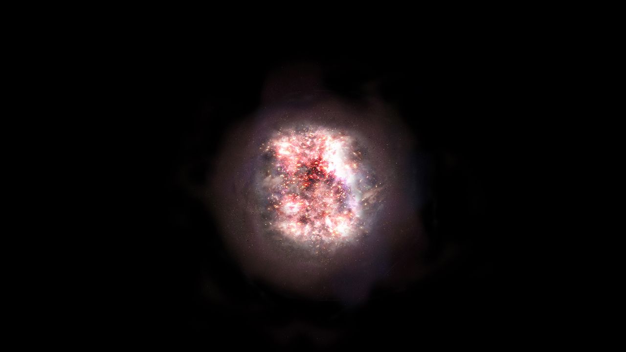 Une impression d’artiste de l’une des deux galaxies récemment découvertes, enfouie dans la poussière, ce qui la rend invisible pour le télescope spatial Hubble.
Img avec CP Unige
ALMA (ESO/NAOJ/NRAO)
NASA/ESA Hubble Space Telescope [ALMA (ESO/NAOJ/NRAO) - NASA/ESA Hubble Space Telescope]