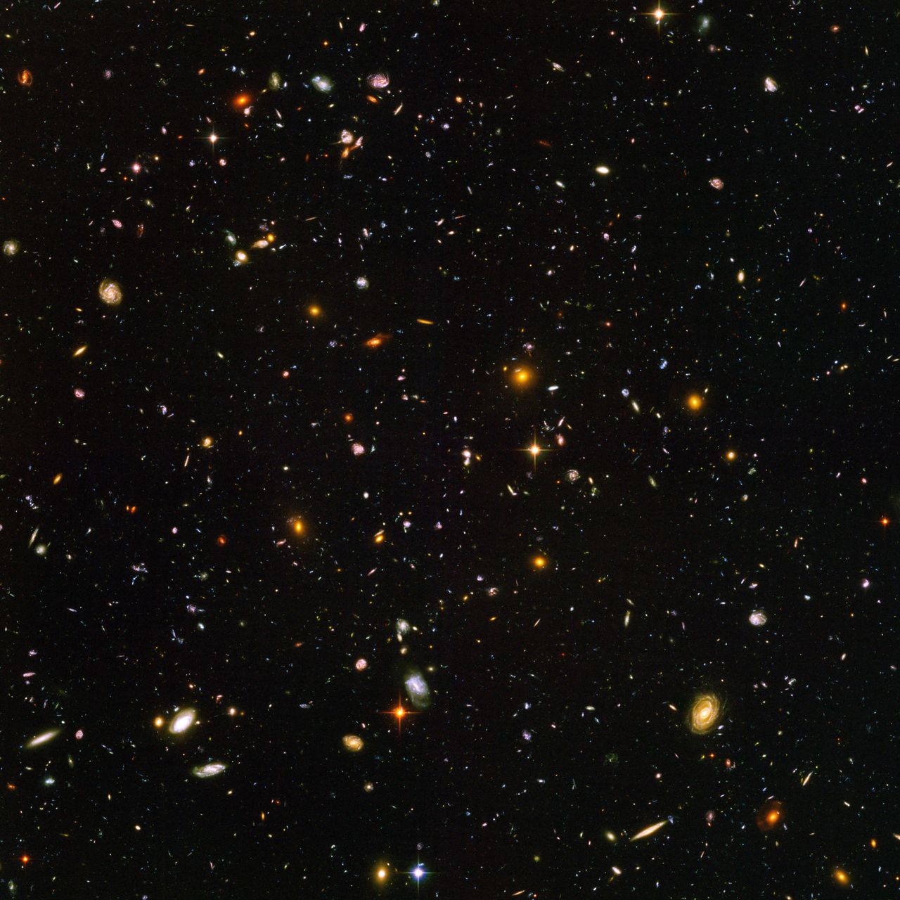 Questa vista di quasi 10.000 galassie è chiamata "Il campo ultra-profondo di Hubble".  Lo scatto include galassie di diverse età, dimensioni, forme e colori.  Le galassie più piccole e più rosse, circa 100, potrebbero essere tra le più lontane conosciute, essendo esistite quando l'universo aveva solo 800 milioni di anni.  Le prime galassie - ellissoidi ed ellissoidi più grandi, più luminosi e ben definiti - si sono sviluppate circa un miliardo di anni fa, quando l'universo aveva 13 miliardi di anni.  L'immagine ha richiesto 800 esposizioni ed è stata scattata sulle 400 orbite di Hubble.  La durata complessiva dell'esposizione è stata di 11,3 giorni, tra il 24 settembre 2003 e il 16 gennaio 2004. [S. Beckwith (STScI) and the HUDF Team - NASA/ESA]