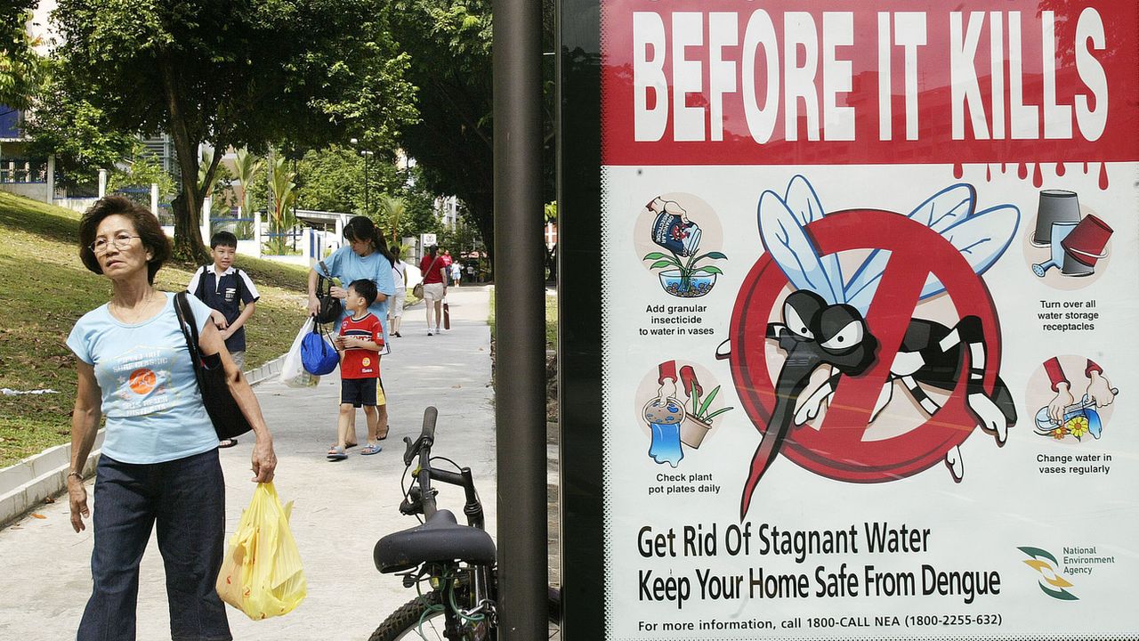 Un panneau énumérant des mesures pour éviter de contracter la dengue à Singapour en 2005. [AP Photo/Wong Maye-E - Keystone]