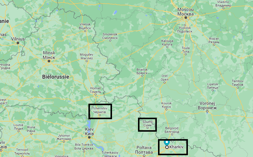 Les villes de Tcherchnihiv, Sumy et Kharkiv, situées aux frontièrees russes et biélorusses, sont capitales pour les transferts ferroviaires. [Google Map - RTS]