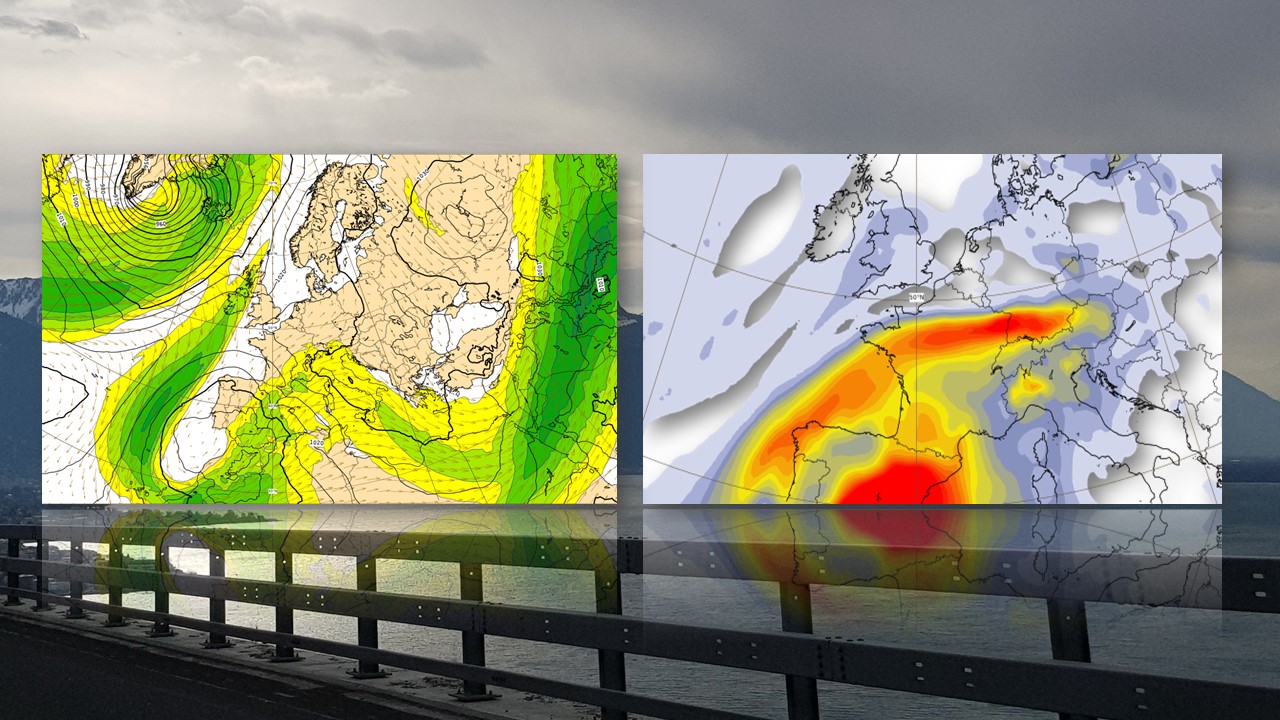 Jet current position (left) and particle displacements (right) predicted by the European model for 15 March 2022 [Madeleine Bovigny - ECMWF/Copernicus/RTS]